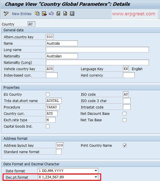 Tcode for country decimal notation