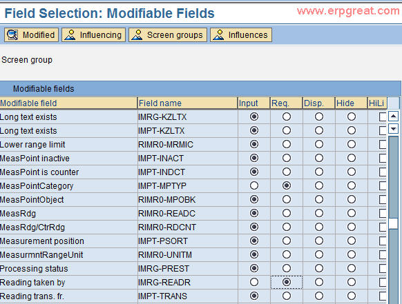 Define Field Selection for Measuring Points and Measurement Documents