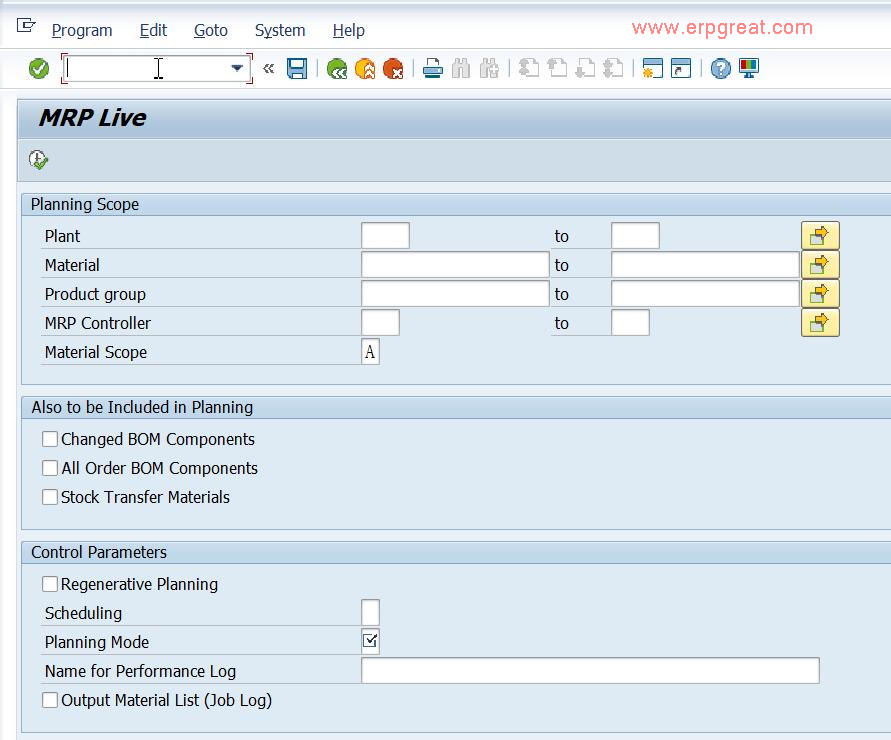 MRP Live Transaction MD01N Screenshot